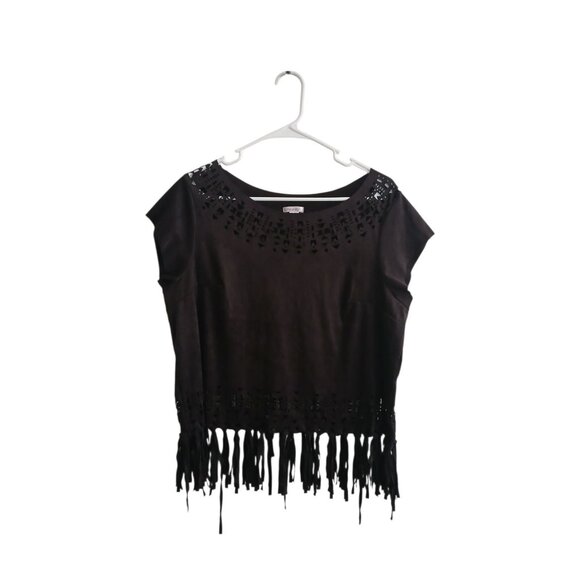 Xhilaration Womens XXL Black Fringe Cutout Geometric Top Boho Festival Western - Picture 1 of 6